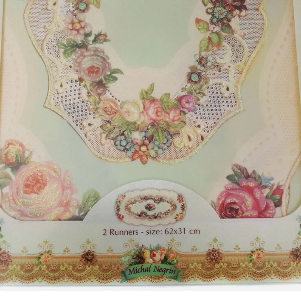 2 pc Michal Negrin Runners Dining Table Kitchen Home Decor Victorian Rose Floral